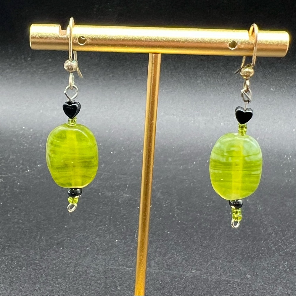 Green Bead Dangle Earrings Heart Accent Boho Statement Lightweight